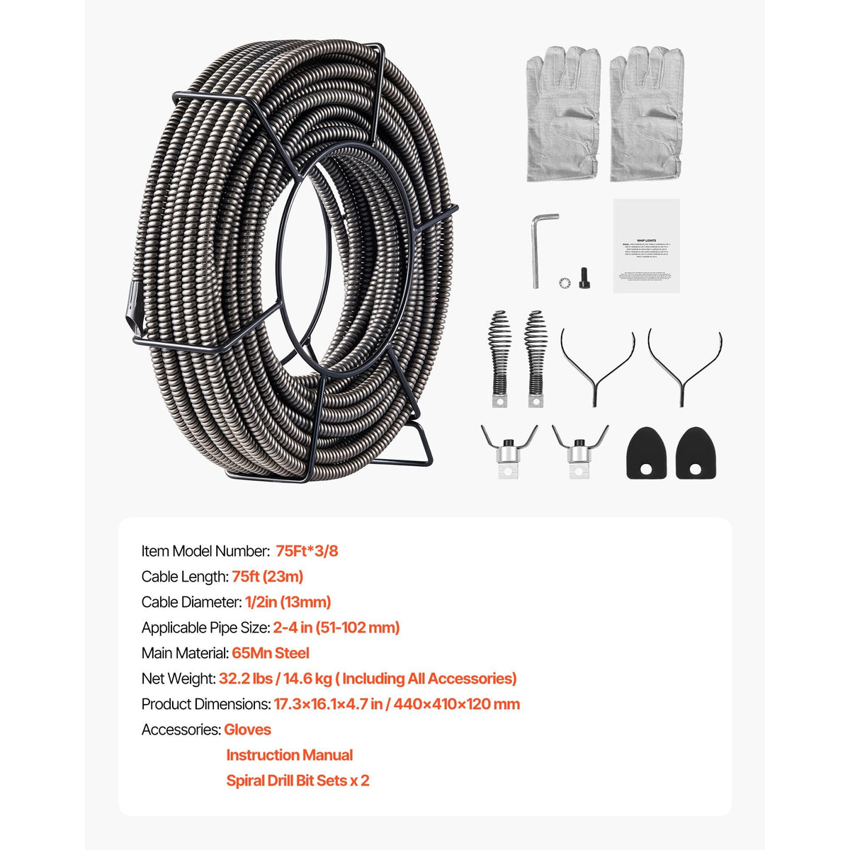 Drain Cleaning Cable 75 Feet x 1/2 Inch Solid Core Cable Sewer Cable Drain Auger Cable Cleaner Snake Clog Pipe Drain Cleaning Cable Sewer Drain Auger Snake Pipe