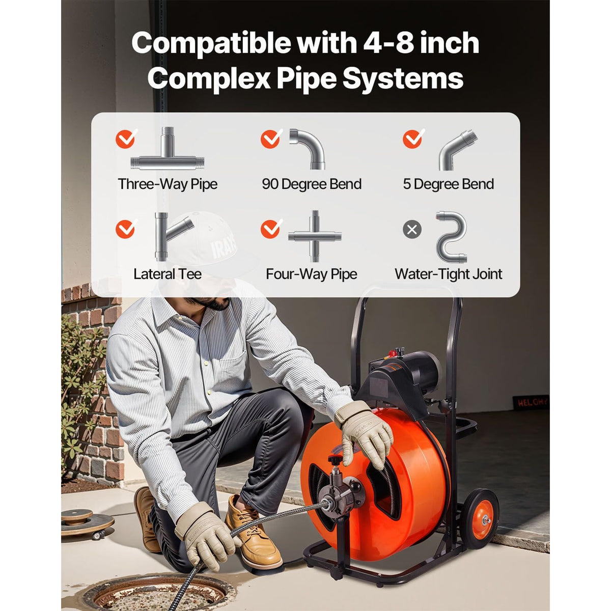 Drain Cleaning Machine 100FT x 3/4 Inch, Sewer Snake Machine Auto Feed, Drain Auger Cleaner with 4 Cutter & Air-Activated Foot Switch for 1" to 4" Pipes
