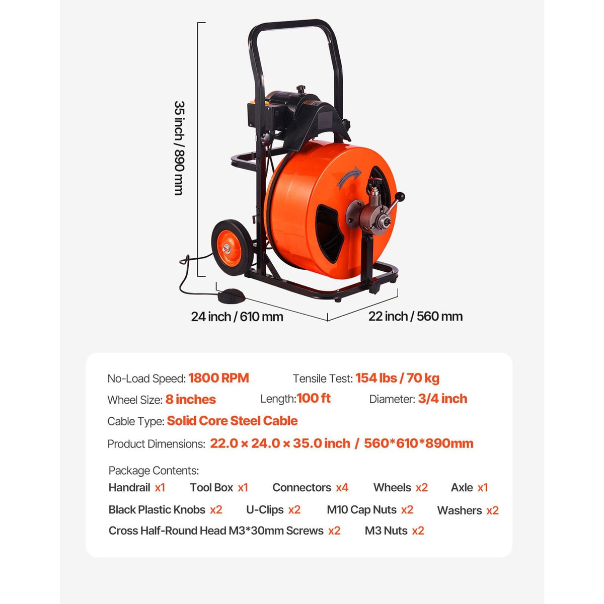 Drain Cleaning Machine 100FT x 3/4 Inch, Sewer Snake Machine Auto Feed, Drain Auger Cleaner with 4 Cutter & Air-Activated Foot Switch for 1" to 4" Pipes