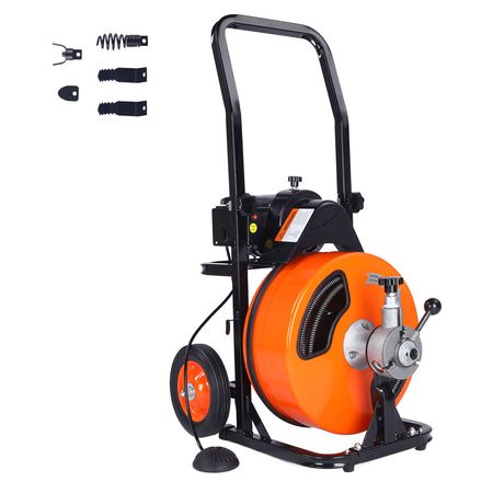 Drain Cleaning Machine 100FT x 3/8 Inch, Sewer Snake Machine Auto Feed, Drain Auger Cleaner with 4 Cutter & Air-Activated Foot Switch for 1" to 4" Pipes
