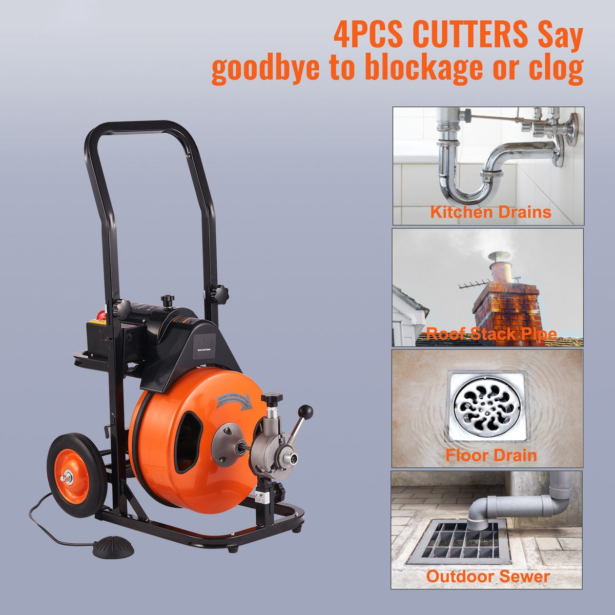 Drain Cleaning Machine 50 FT x 1/2 Inch, Sewer Auger Auto Feed with 4 Cutter & Air-activated Foot Switch for 1" to 4" Pipes, Orange, Black