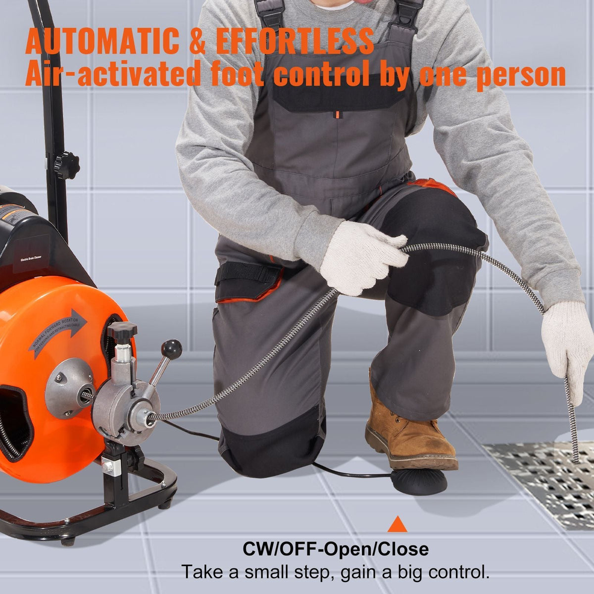 Drain Cleaning Machine 50 FT x 1/2 Inch, Sewer Auger Auto Feed with 4 Cutter & Air-activated Foot Switch for 1" to 4" Pipes, Orange, Black
