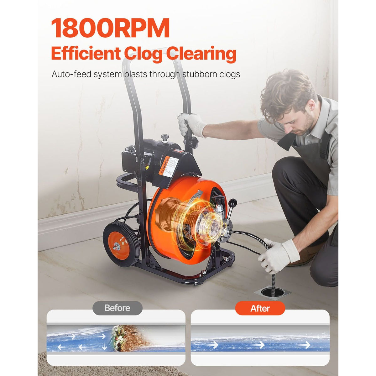 Drain Cleaning Machine 50 FT x 3/8 Inch, Sewer Snake Machine Auto Feed, Drain Auger Cleaner with 4 Cutter & Air-Activated Foot Switch for 1" to 4" Pipes