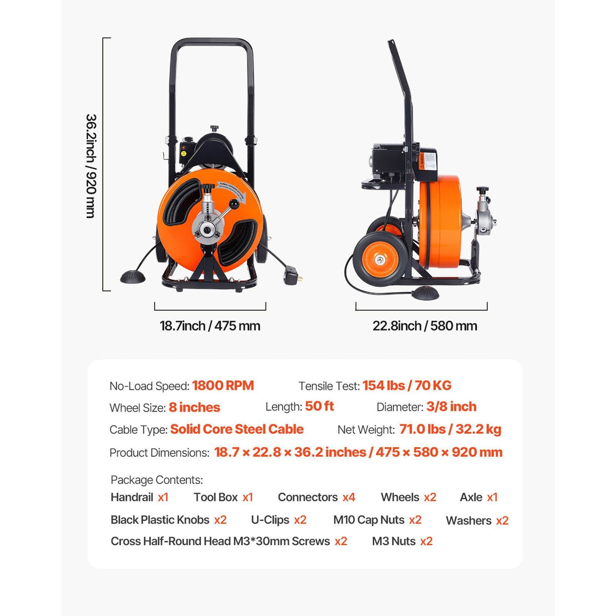Drain Cleaning Machine 50 FT x 3/8 Inch, Sewer Snake Machine Auto Feed, Drain Auger Cleaner with 4 Cutter & Air-Activated Foot Switch for 1" to 4" Pipes