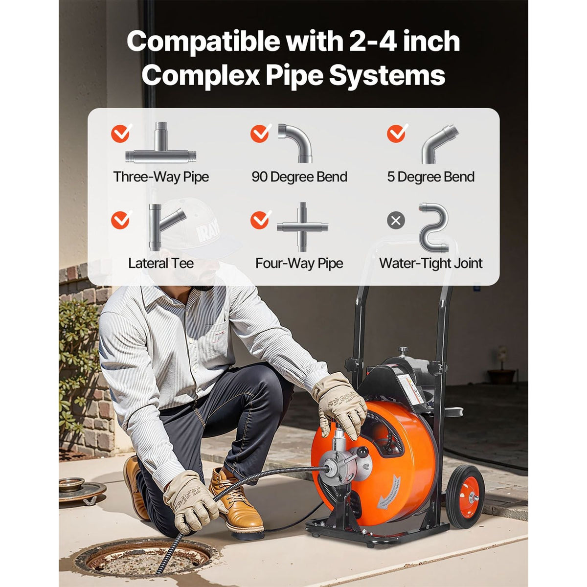 Drain Cleaning Machine 50 FT x 3/8 Inch, Sewer Snake Machine Auto Feed, Drain Auger Cleaner with 4 Cutter & Air-Activated Foot Switch for 1" to 4" Pipes