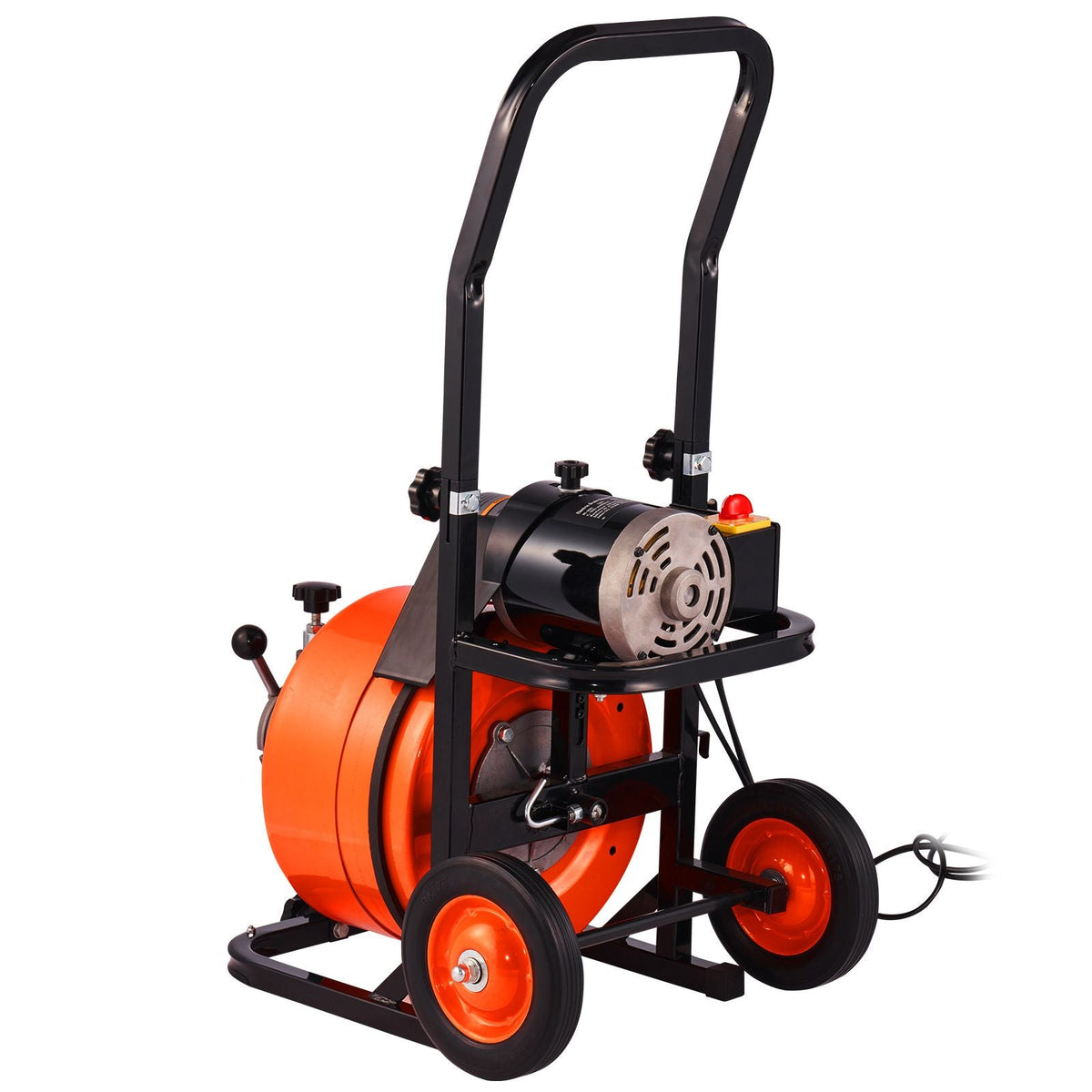 Drain Cleaning Machine 75 FT x 1/2 Inch, Sewer Auger Auto Feed with 4 Cutter & Air-activated Foot Switch for 1" to 4" Pipes, Orange, Black