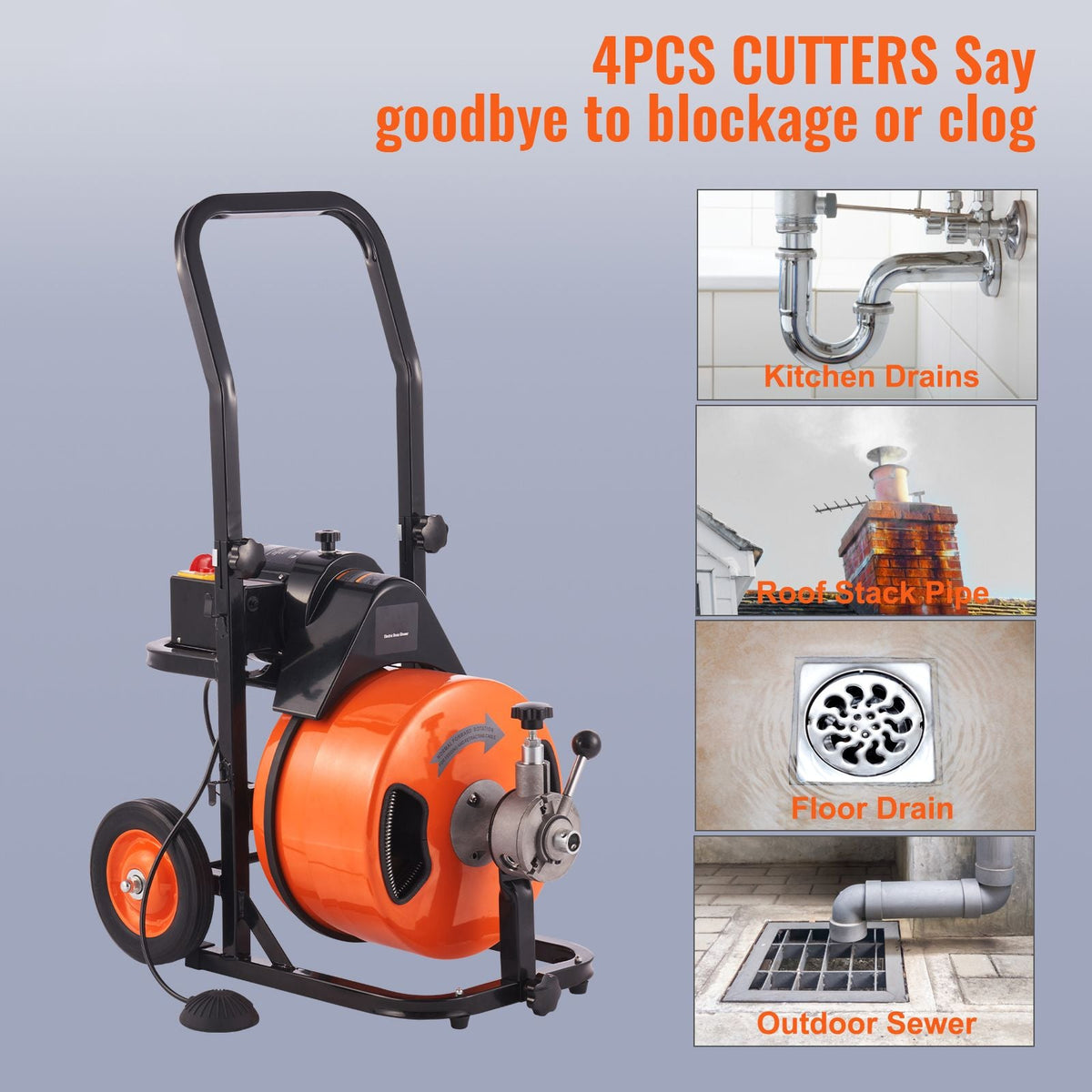 Drain Cleaning Machine 75 FT x 1/2 Inch, Sewer Auger Auto Feed with 4 Cutter & Air-activated Foot Switch for 1" to 4" Pipes, Orange, Black