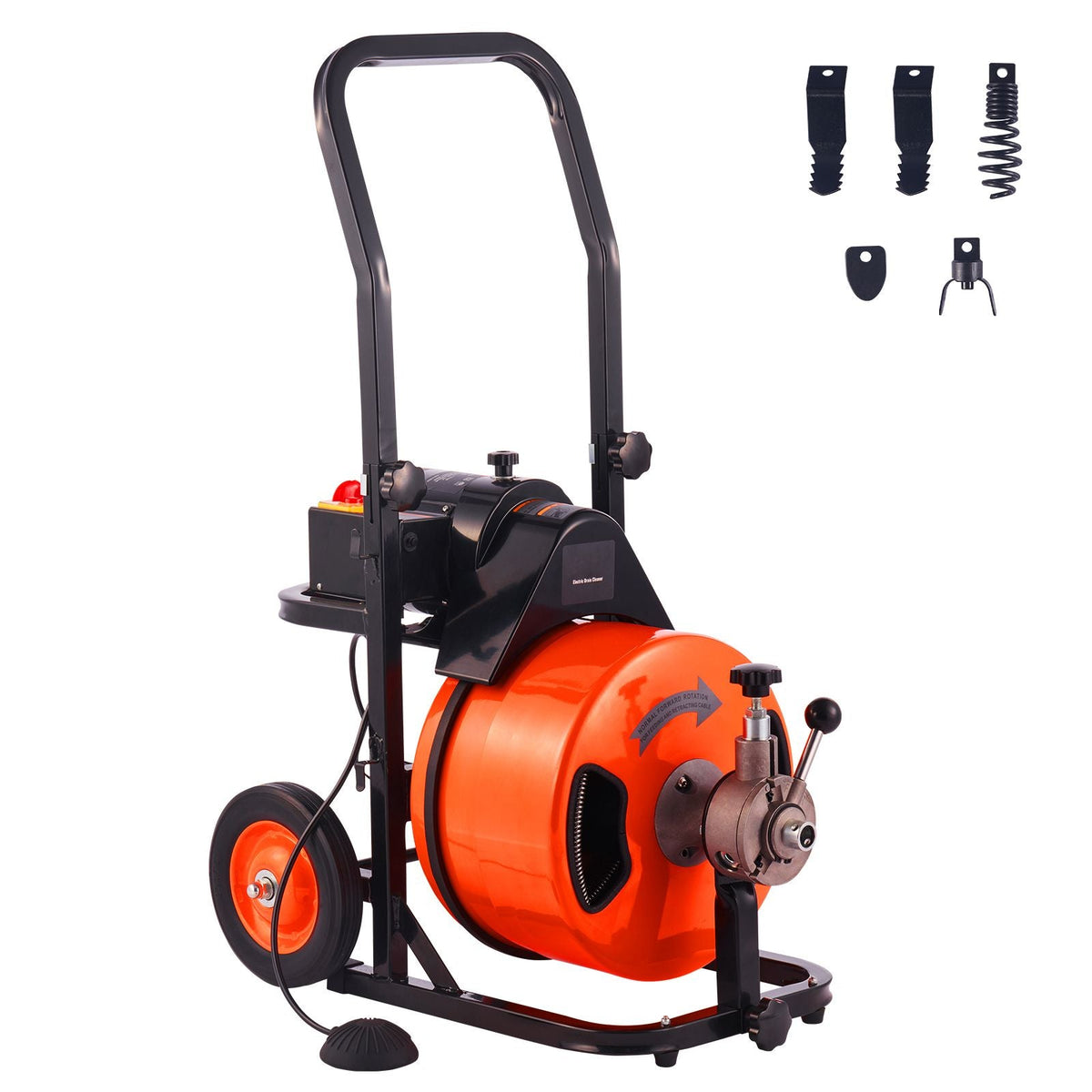 Drain Cleaning Machine 75 FT x 1/2 Inch, Sewer Auger Auto Feed with 4 Cutter & Air-activated Foot Switch for 1" to 4" Pipes, Orange, Black