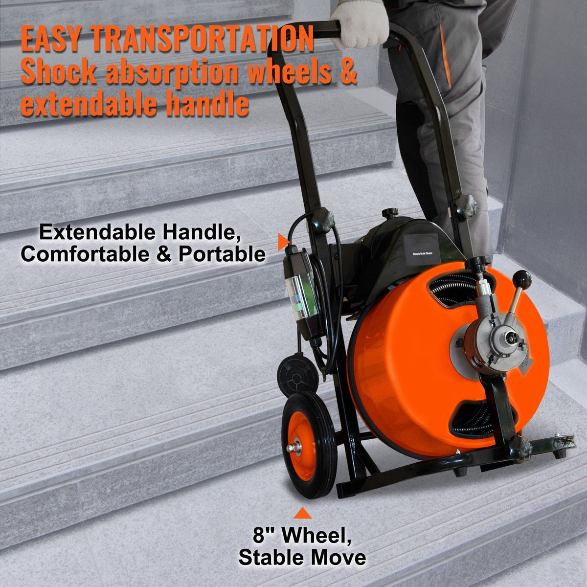 Drain Cleaning Machine 75 FT x 1/2 Inch, Sewer Auger Auto Feed with 4 Cutter & Air-activated Foot Switch for 1" to 4" Pipes, Orange, Black