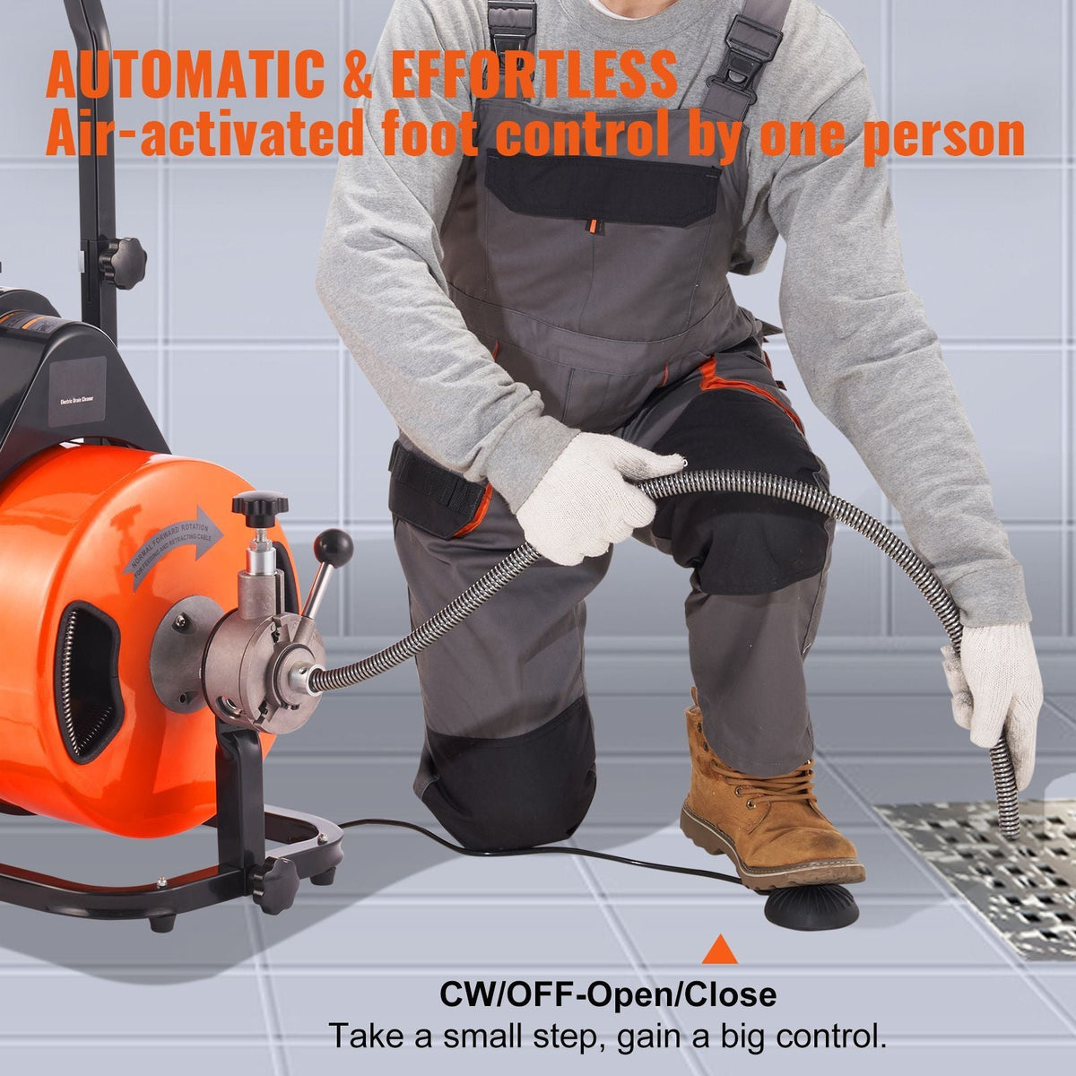 Drain Cleaning Machine 75 FT x 1/2 Inch, Sewer Auger Auto Feed with 4 Cutter & Air-activated Foot Switch for 1" to 4" Pipes, Orange, Black