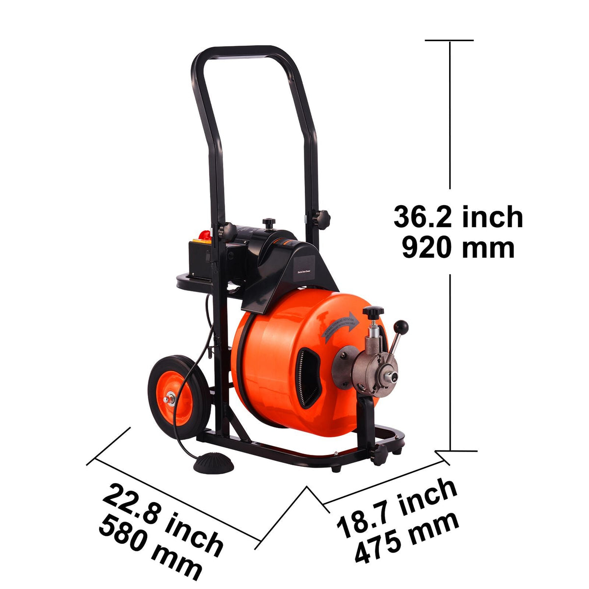 Drain Cleaning Machine 75 FT x 1/2 Inch, Sewer Auger Auto Feed with 4 Cutter & Air-activated Foot Switch for 1" to 4" Pipes, Orange, Black