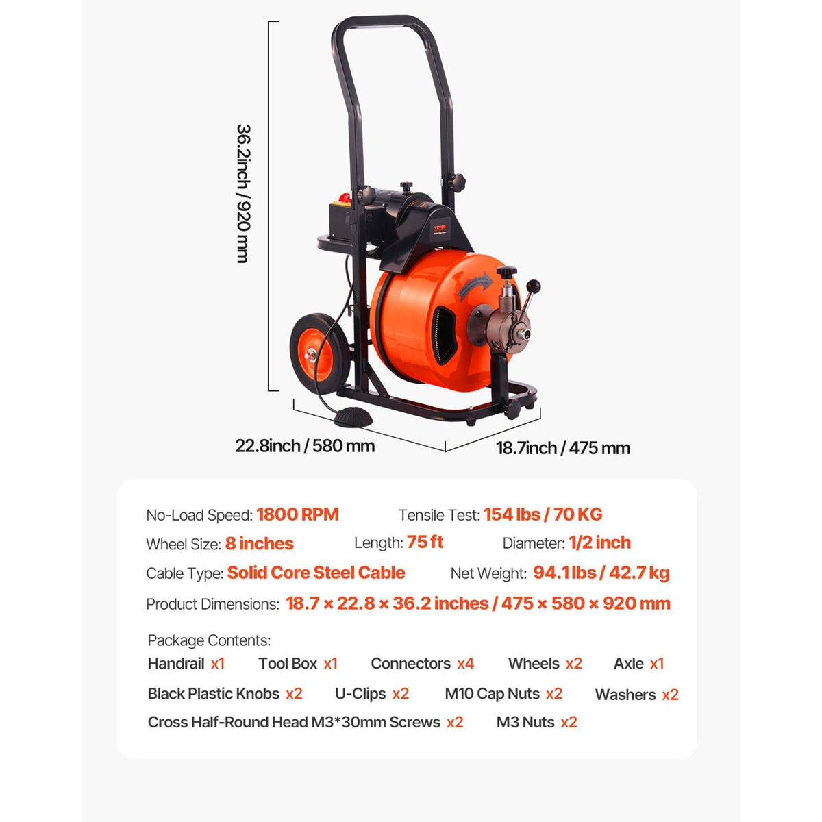 Drain Cleaning Machine 75 FT x 1/2 Inch, Sewer Auger Auto Feed with 4 Cutter & Air-activated Foot Switch for 1" to 4" Pipes, Orange, Black