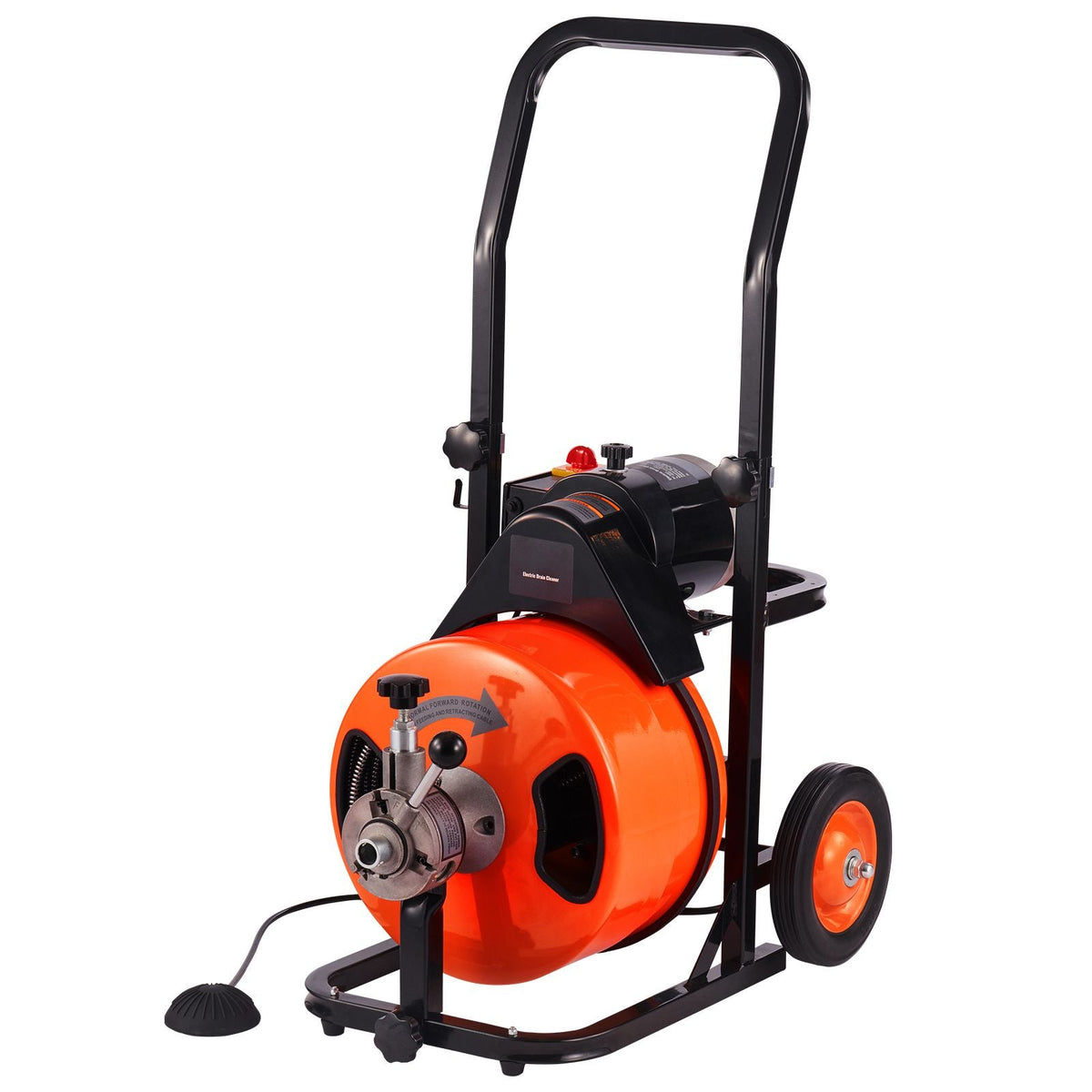 Drain Cleaning Machine 75 FT x 1/2 Inch, Sewer Auger Auto Feed with 4 Cutter & Air-activated Foot Switch for 1" to 4" Pipes, Orange, Black