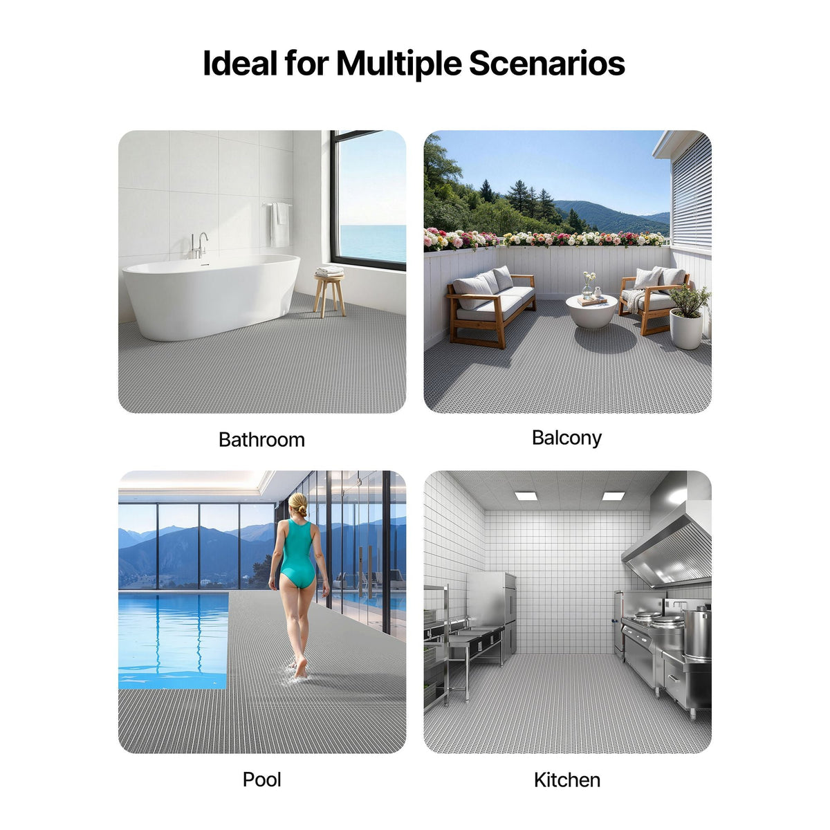 Drainage Mat, 3 x 16.4 ft, PVC Non Slip Commercial Floor Mat, Wet Area Water Drain Splash Matting Hollow Doormat Roll, for Outdoor Indoor Restaurant Swimming Pool Patio Bathroom Washroom, Gray