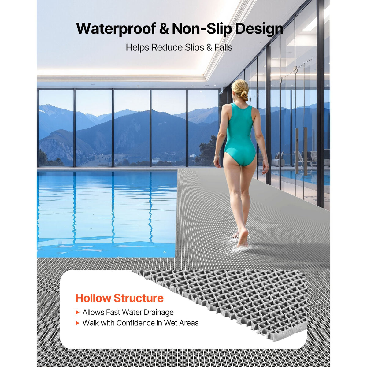 Drainage Mat, 3 x 16.4 ft, PVC Non Slip Commercial Floor Mat, Wet Area Water Drain Splash Matting Hollow Doormat Roll, for Outdoor Indoor Restaurant Swimming Pool Patio Bathroom Washroom, Gray