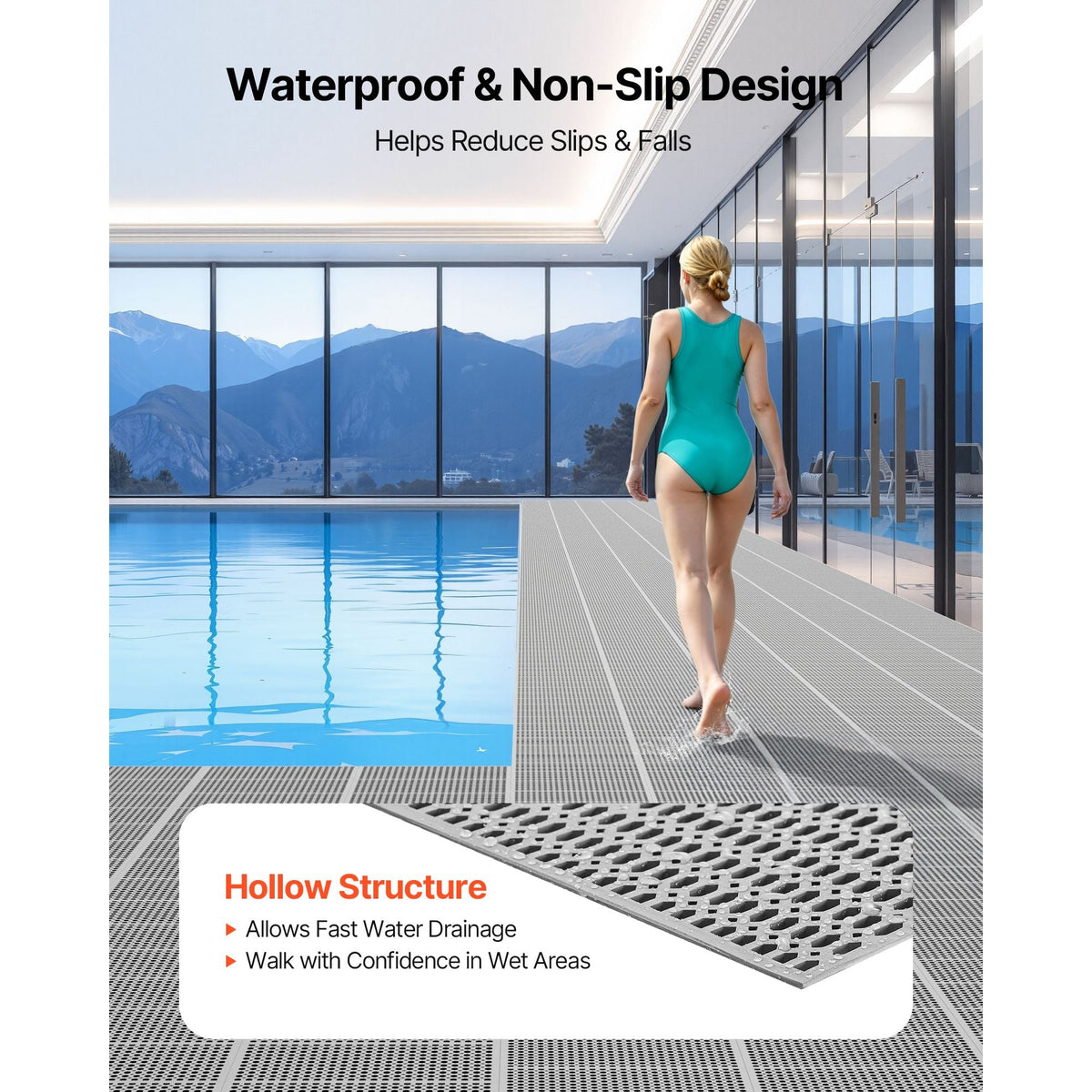 Drainage Mat, 3 x 50 ft, PVC Non Slip Commercial Floor Mat, Wet Area Water Drain Splash Matting Hollow Doormat Roll, for Outdoor Indoor Restaurant Swimming Pool Patio Bathroom Washroom, Gray