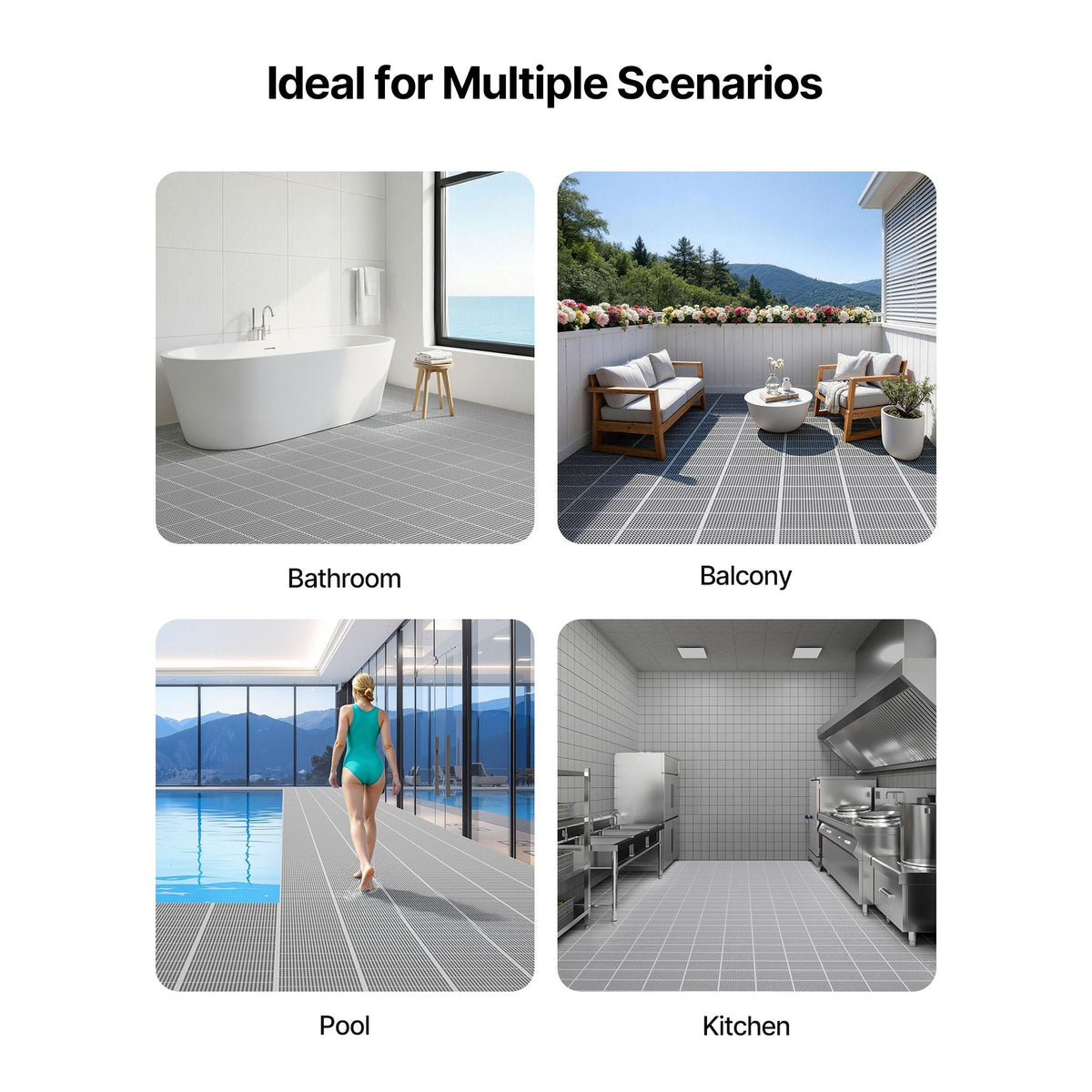 Drainage Mat, 3 x 50 ft, PVC Non Slip Commercial Floor Mat, Wet Area Water Drain Splash Matting Hollow Doormat Roll, for Outdoor Indoor Restaurant Swimming Pool Patio Bathroom Washroom, Gray