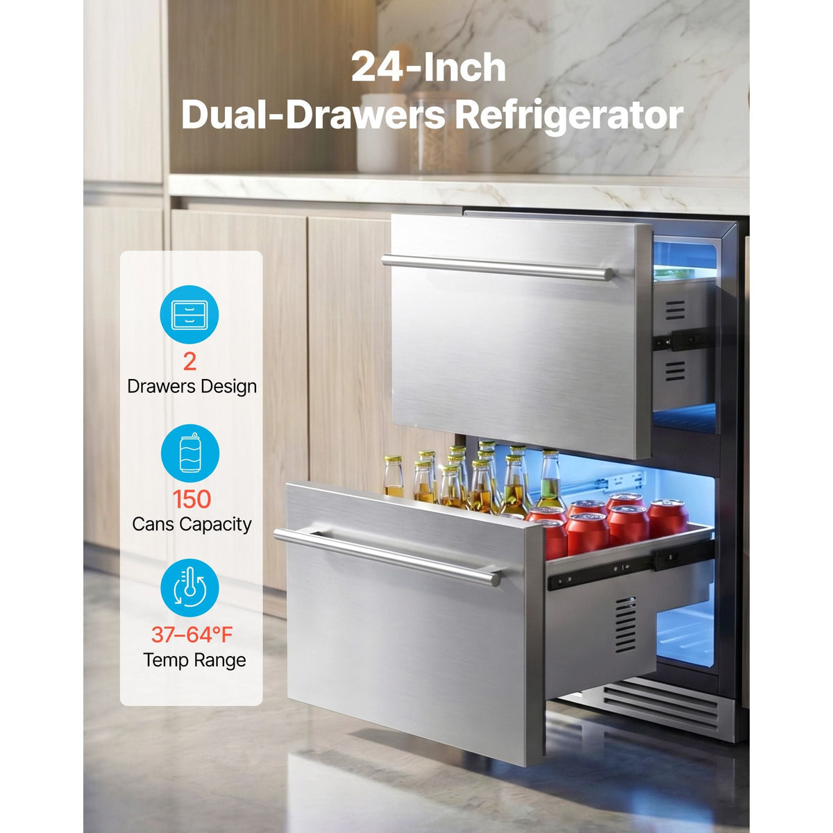 Drawer Refrigerator, 24 in Undercounter Beverage Fridge, Large Capacity, Drink Cooler with 304 Stainless Steel Drawers, Temp Control, Powerful Compressor, for Kitchen, Office & Game Room