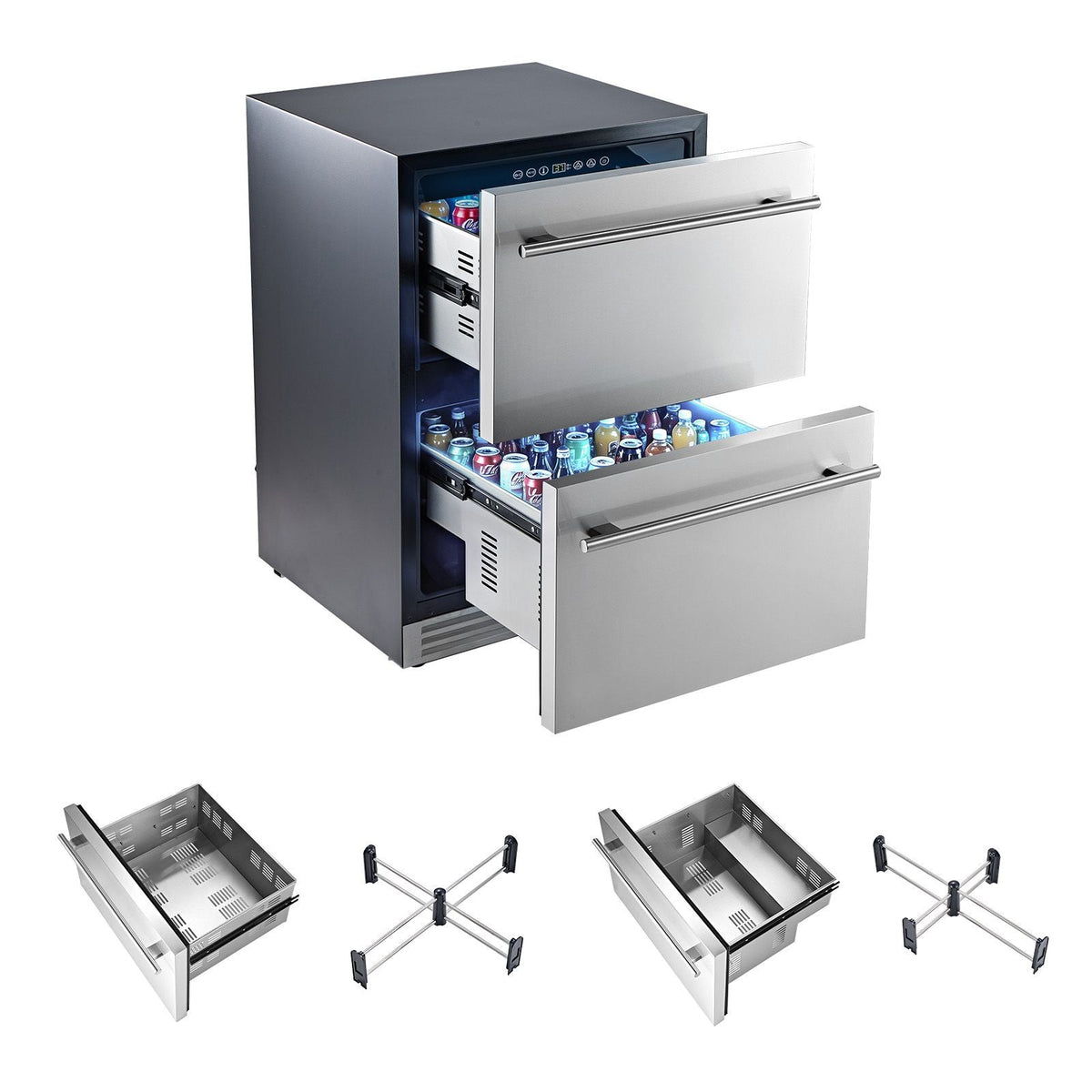 Drawer Refrigerator, 24 in Undercounter Beverage Fridge, Large Capacity, Drink Cooler with 304 Stainless Steel Drawers, Temp Control, Powerful Compressor, for Kitchen, Office & Game Room