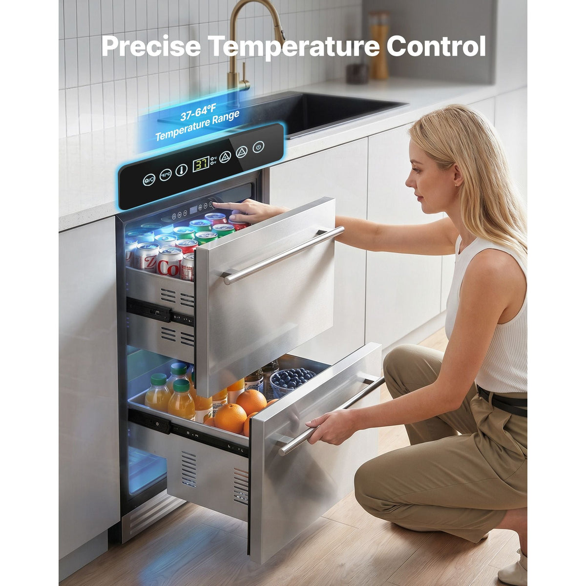 Drawer Refrigerator, 24 in Undercounter Beverage Fridge, Large Capacity, Drink Cooler with 304 Stainless Steel Drawers, Temp Control, Powerful Compressor, for Kitchen, Office & Game Room