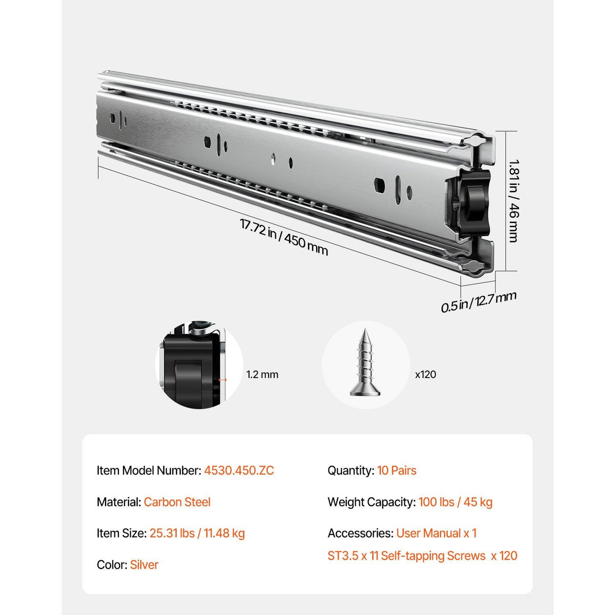Drawer Slides, 18 inch, 10 Pairs Full Extension Ball Bearing Cabinet Rails, 100 LB Load Capacity Heavy Duty Side Mount Dresser Drawer Slides, Drawer Track Runners for Kitchen DIY Replacement