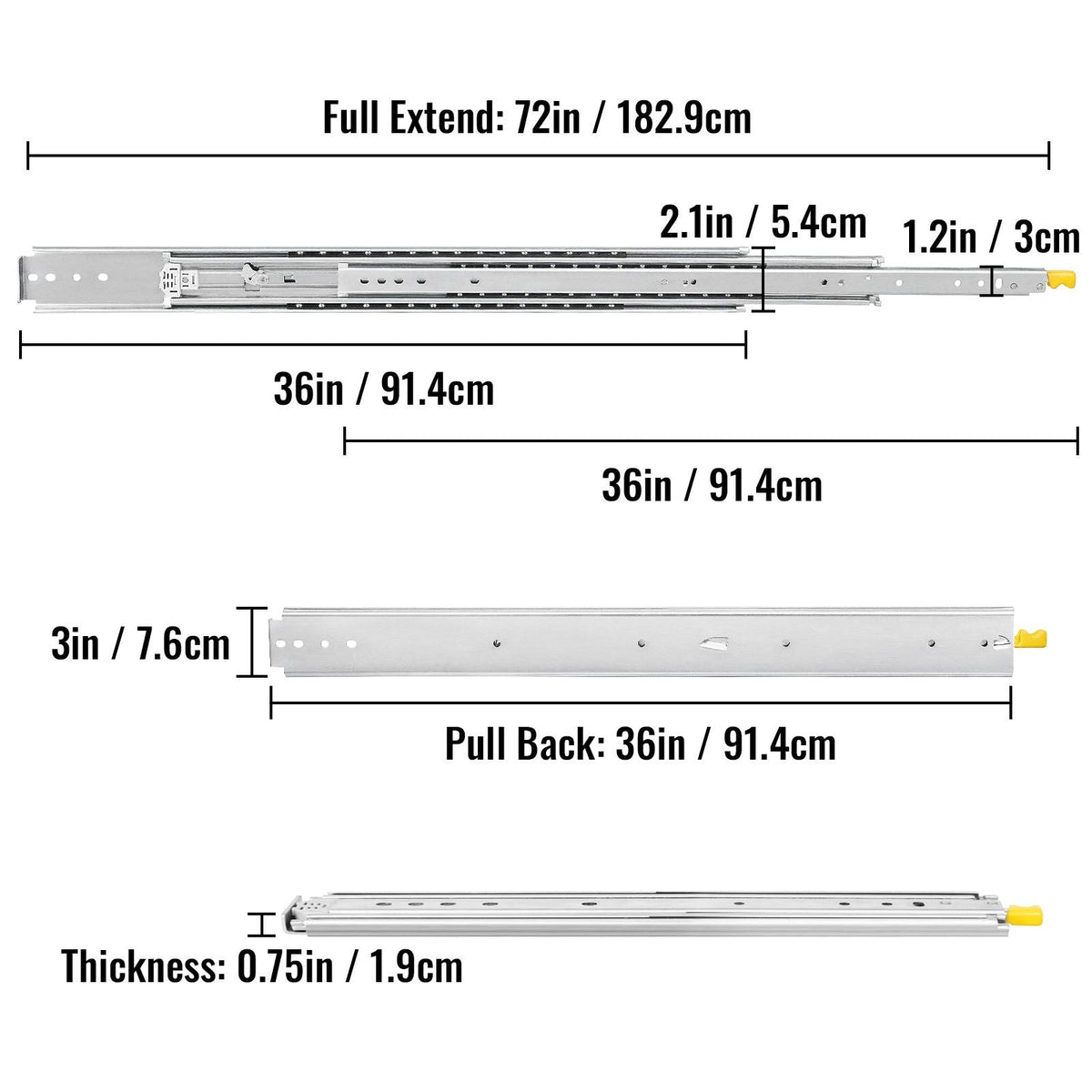 Drawer Slides with Lock, 1 Pair 36 inch, Heavy-Duty Industrial Steel up to 500 lbs Capacity, 3-Fold Full Extension, Ball Bearing Lock-in & Lock-Out, Side Mount
