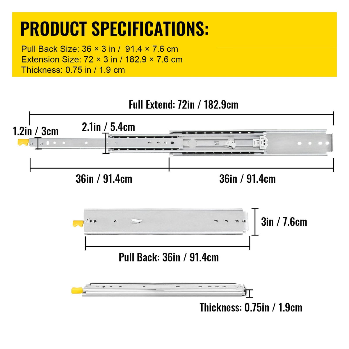 Drawer Slides with Lock, 1 Pair 36 inch, Heavy-Duty Industrial Steel up to 500 lbs Capacity, 3-Fold Full Extension, Ball Bearing Lock-in & Lock-Out, Side Mount