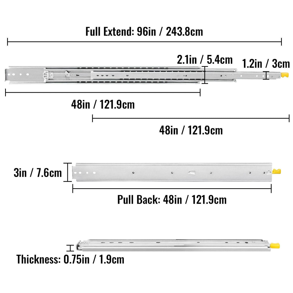 Drawer Slides with Lock, 1 Pair 48 inch, Heavy-Duty Industrial Steel up to 500 lbs Capacity, 3-Fold Full Extension, Ball Bearing Lock-in & Lock-Out, Side Mount