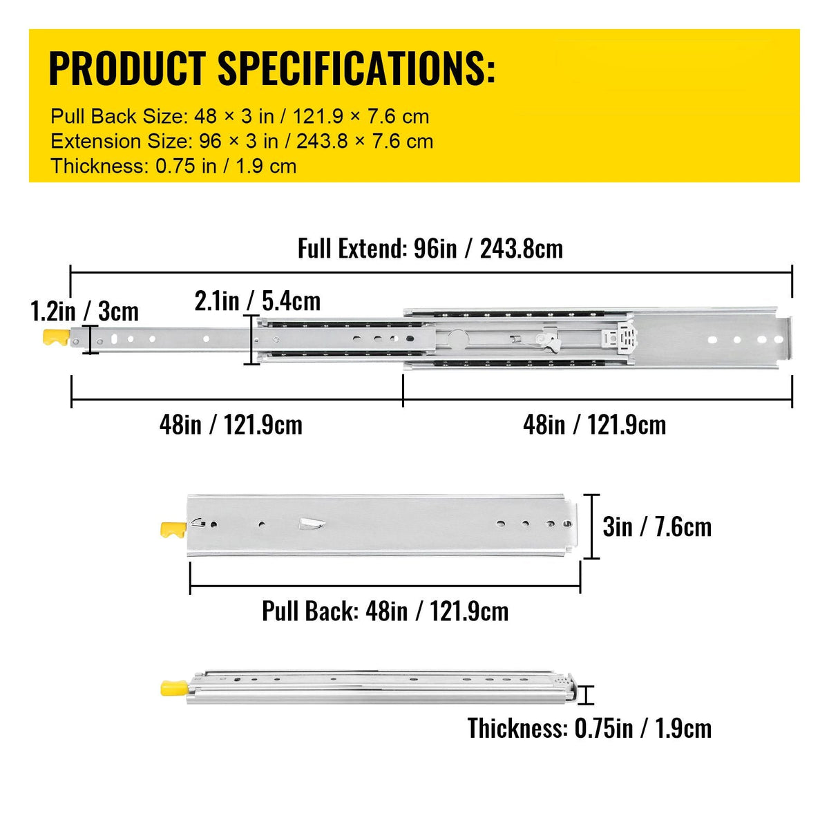 Drawer Slides with Lock, 1 Pair 48 inch, Heavy-Duty Industrial Steel up to 500 lbs Capacity, 3-Fold Full Extension, Ball Bearing Lock-in & Lock-Out, Side Mount