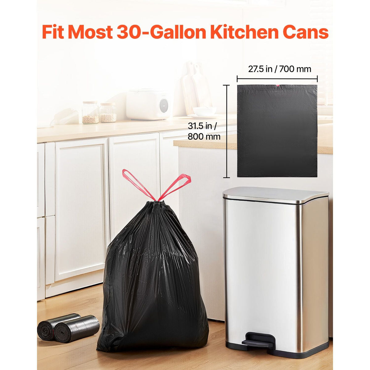 Drawstring Trash Bags, 30 Gallon 50 Count Tall Kitchen Trash Bags, Extra Thick Tough and Durable Garbage Bag, Recyclable Bin Bag with Drawstrings, for Home Kitchen, Office, RV & Camping (Black)