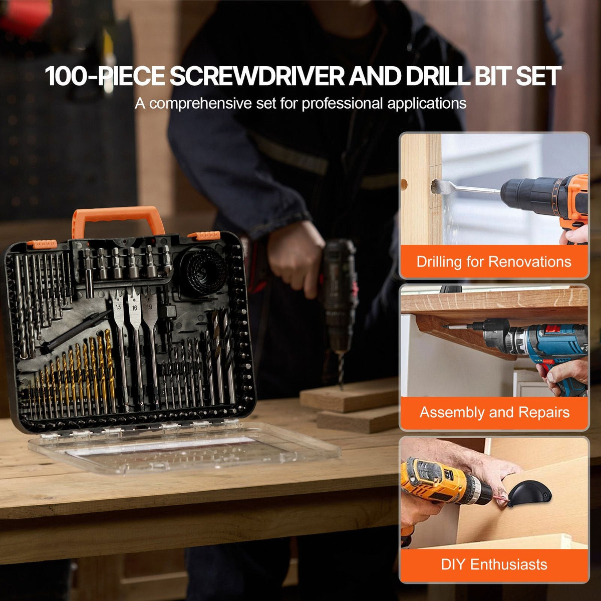 Drill Bit Set, 100 Pieces Drill and Driver Bit Set, Screwdriver Bit Set Suitable for Wood Metal Cement Drilling and Screw Driving, Drill Bit Sets Combo Kit Assorted in Organized Carrying Case
