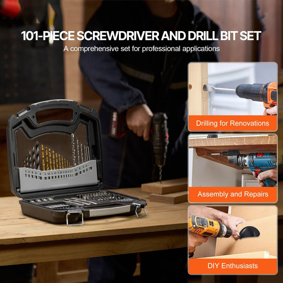Drill Bit Set, 101 Pieces Drill and Driver Bit Set, Screwdriver Bit Set Suitable for Wood Metal Cement Drilling and Screw Driving, Drill Bit Sets Combo Kit Assorted in Organized Carrying Case