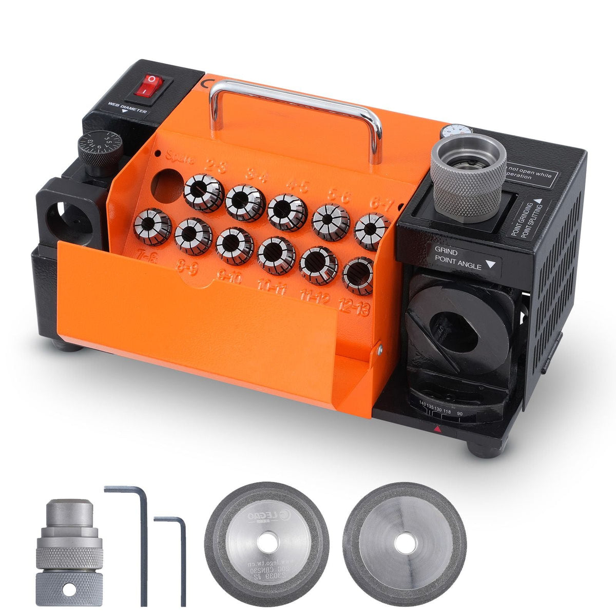 Drill Bits Sharpener, 3-13mm Drill Bits Grinder Sharpener, Lip Relief Angle & 95°-135° Point Angle Adjustable Drill Bit Re-Sharpener, Portable Sharpening Machine with 11 Collets, CBN & SDC Wheel