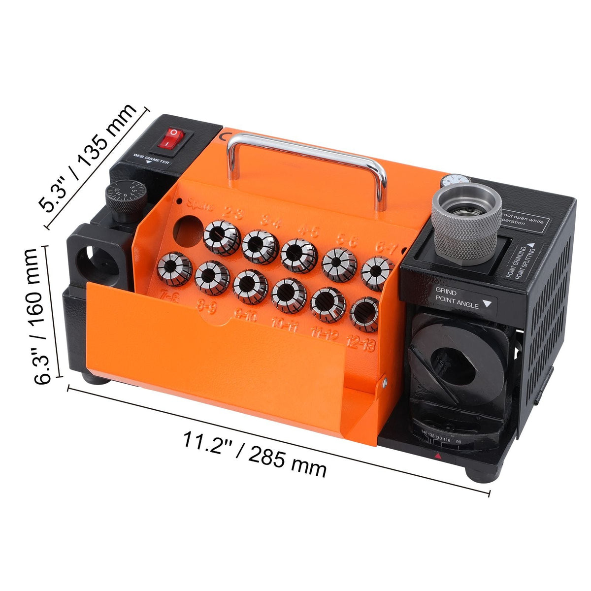Drill Bits Sharpener, 3-13mm Drill Bits Grinder Sharpener, Lip Relief Angle & 95°-135° Point Angle Adjustable Drill Bit Re-Sharpener, Portable Sharpening Machine with 11 Collets, CBN & SDC Wheel
