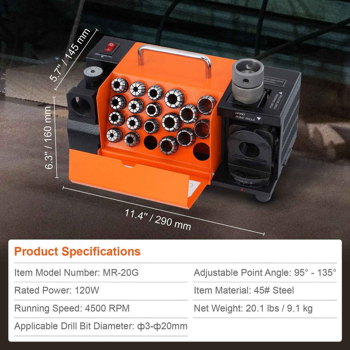 Drill Bits Sharpener, 3-20mm End Mill Grinder Sharpener, Lip Relief Angle & 95°-135° Point Angle Adjustable Drill Bit Re-Sharpener, Portable Sharpening Machine with 18 Collets, CBN & SDC Wheel