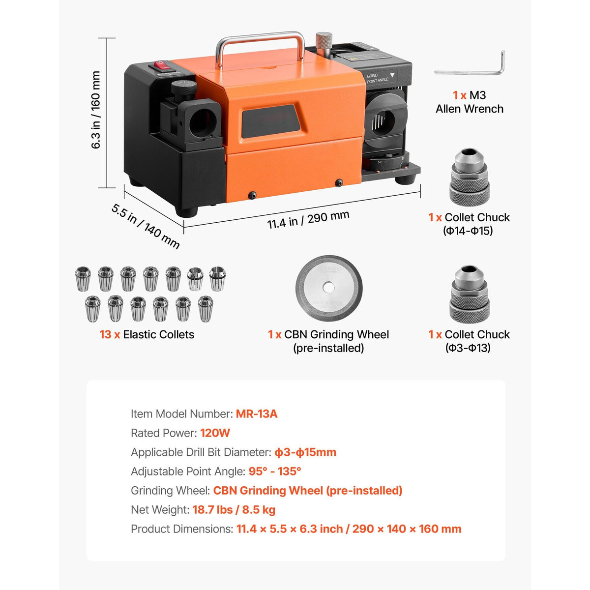 Drill Bits Sharpener MR-13A+, 3-15mm Drill Bit Grinder Sharpener with 95°-135° Adjustable Point Angle, 5800RPM High Speed Re-Sharpening Machine with 13 Collets & CBN Wheel for Workshops Garages