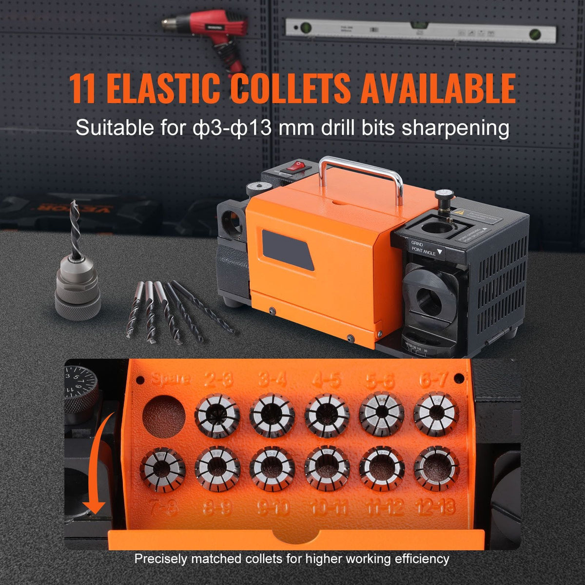 Drill Bits Sharpener, MR-13A End Mill Grinder Sharpener 3-13mm, 95° to 135° Point Angle Adjustable Drill Bit Re-Sharpener, Portable Bits Sharpening Machine with 11 Collets, CBN Wheel for HSS