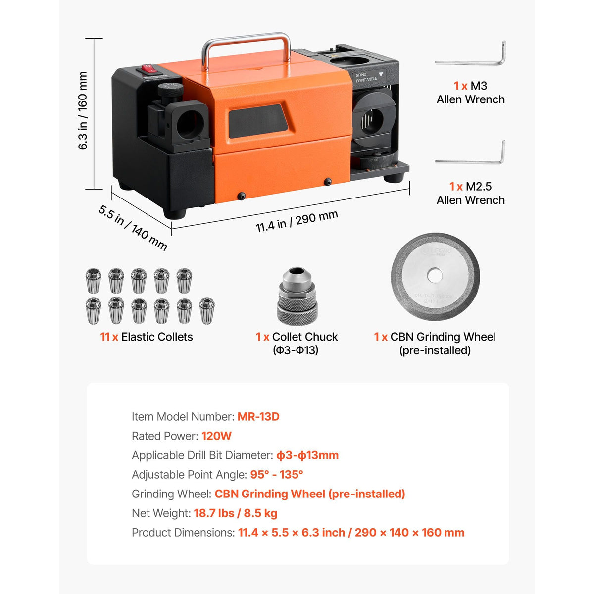 Drill Bits Sharpener MR-13D, 3–13mm Professional Drill Bit Grinder with Adjustable Lip Relief Angle, Front Cutting Lip & 95°-135° Point Angle, 5800RPM Re-Sharpener with 11 Collets & CBN Wheel