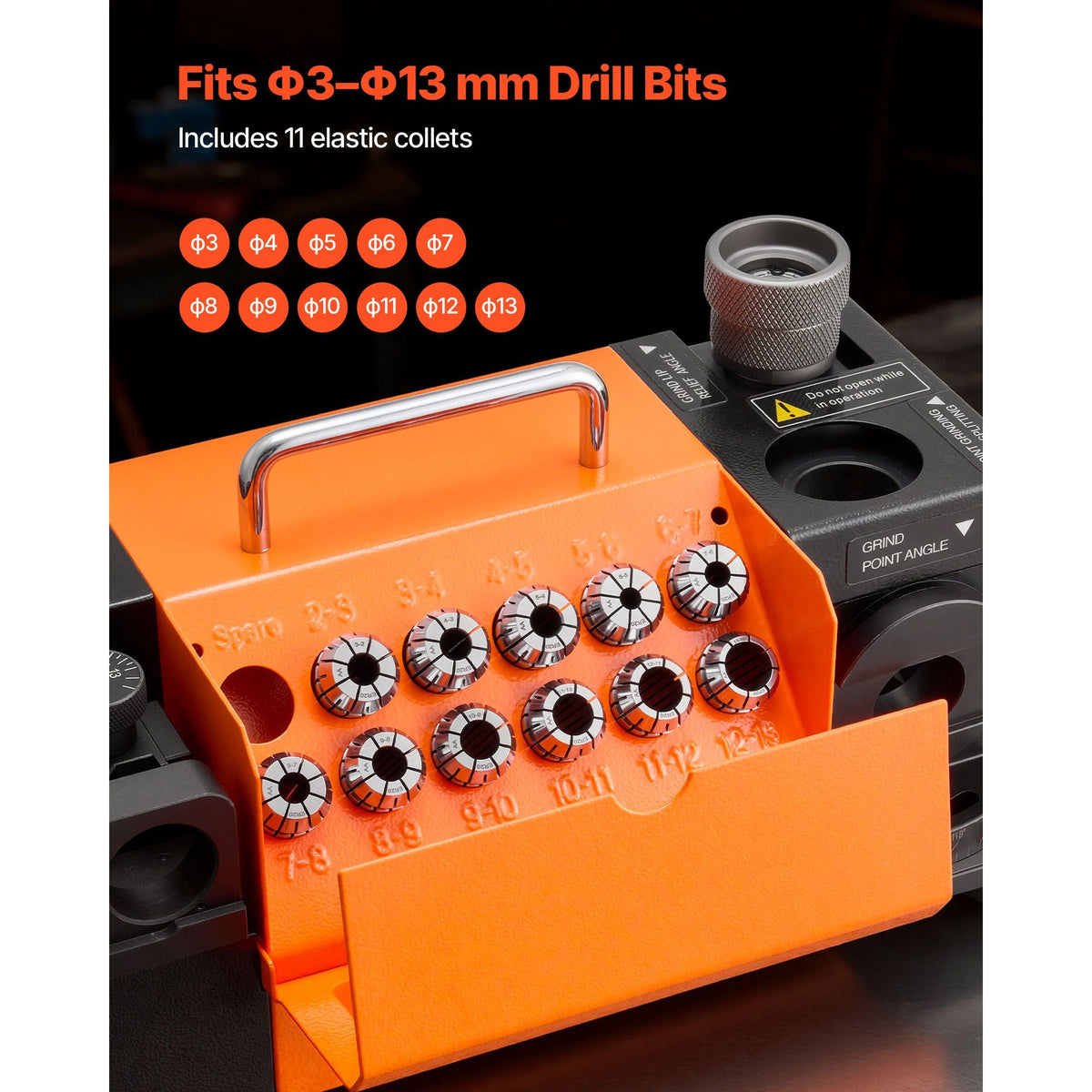 Drill Bits Sharpener MR-13D, 3–13mm Professional Drill Bit Grinder with Adjustable Lip Relief Angle, Front Cutting Lip & 95°-135° Point Angle, 5800RPM Re-Sharpener with 11 Collets & CBN Wheel