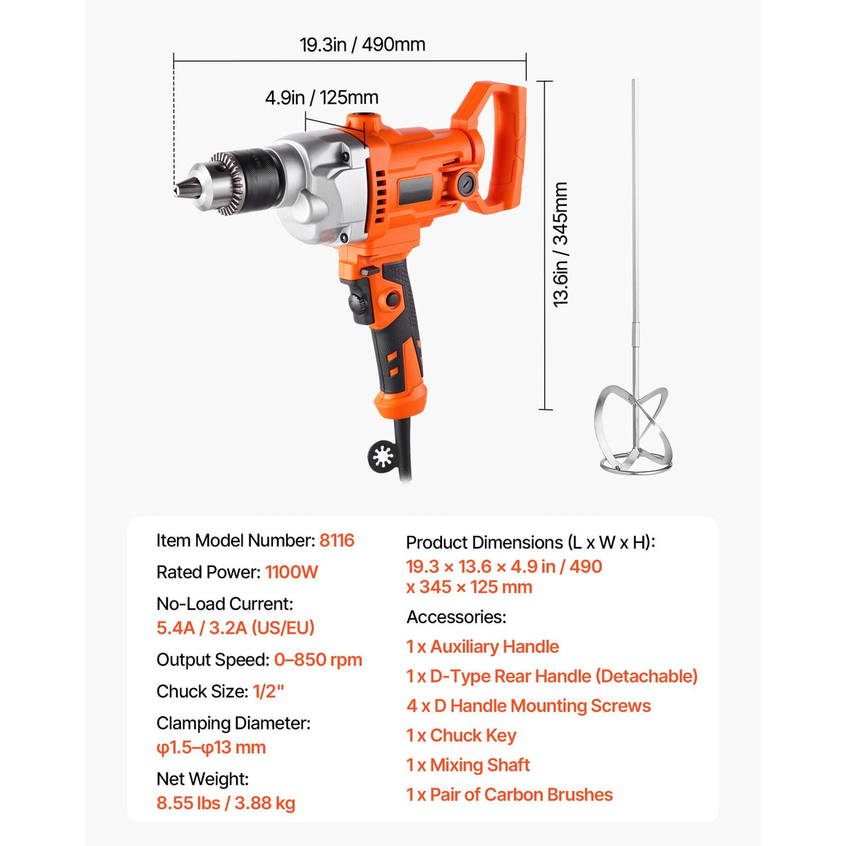 Drill Mixer, 1/2 inch Corded Electric Drill Mixer Set, 0-850RPM 5.4A Mixing Drills, Mixing Drills Machine with D-Handle for Drilling & Blending, Handheld Cement Mixers for Fodder, Paint, Cement