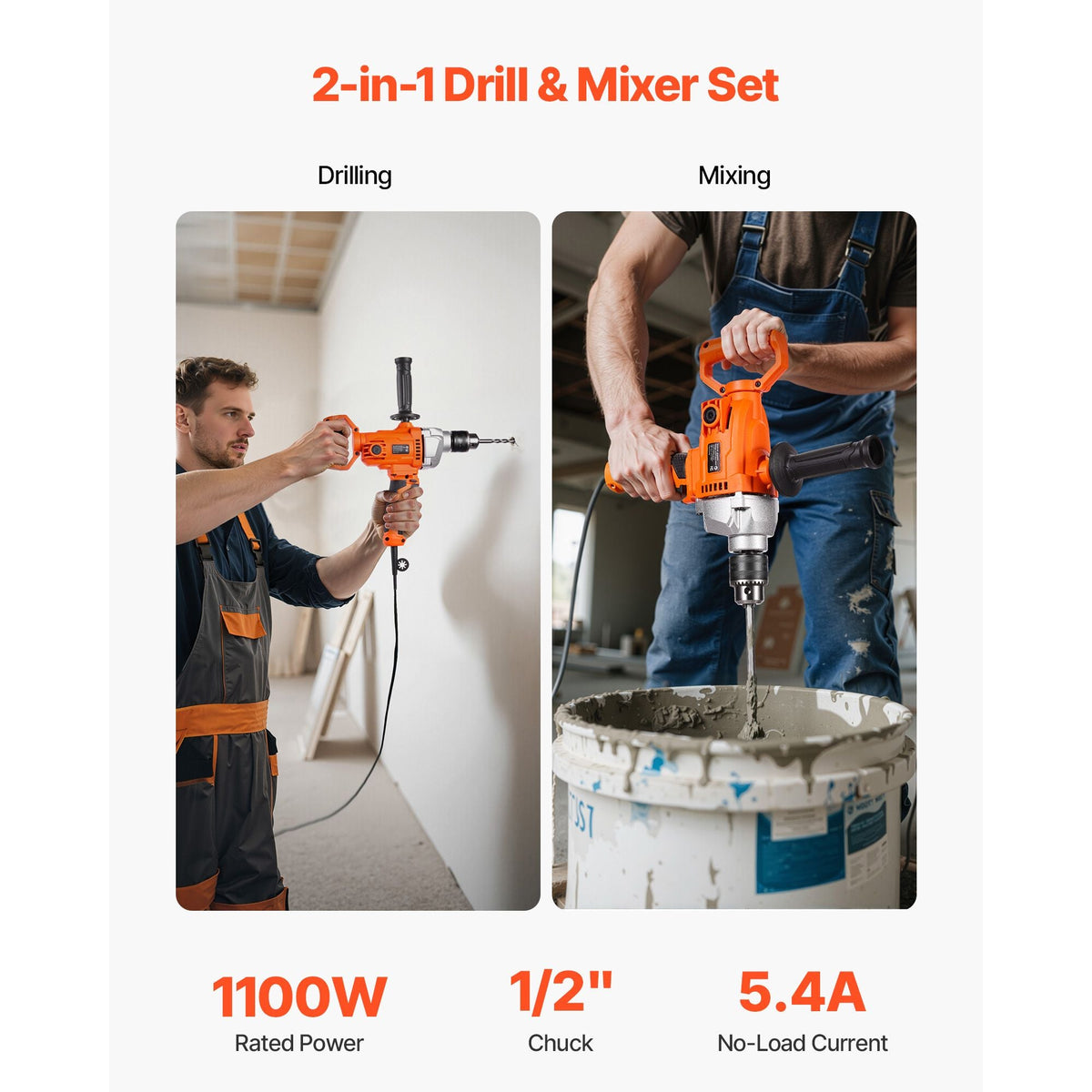 Drill Mixer, 1/2 inch Corded Electric Drill Mixer Set, 0-850RPM 5.4A Mixing Drills, Mixing Drills Machine with D-Handle for Drilling & Blending, Handheld Cement Mixers for Fodder, Paint, Cement