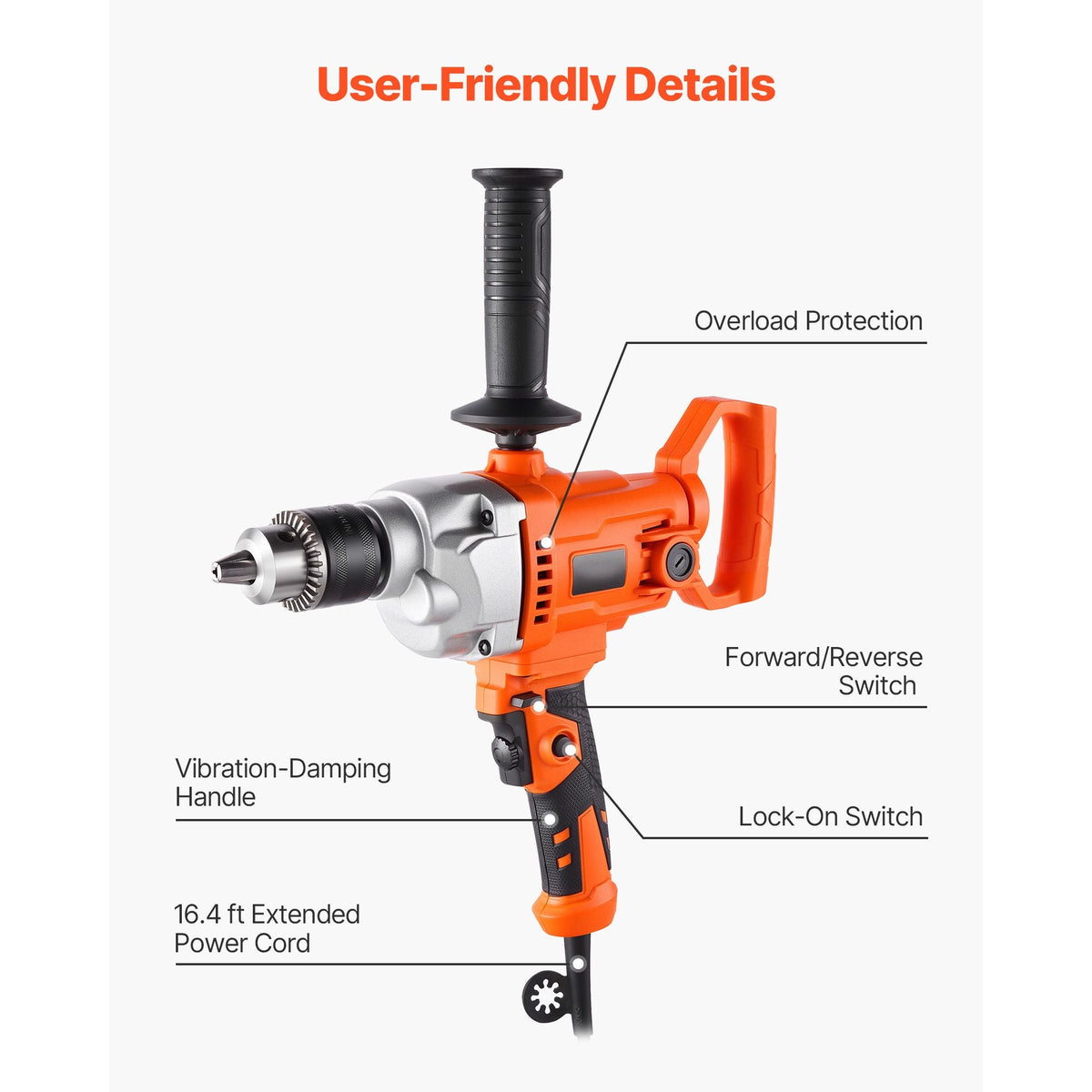 Drill Mixer, 5/8 inch Corded Electric Drill Mixer Set, 0-850RPM 5.8A Mixing Drills, Mixing Drills Machine with D-Handle for Drilling & Blending, Handheld Cement Mixers for Fodder, Paint, Cement
