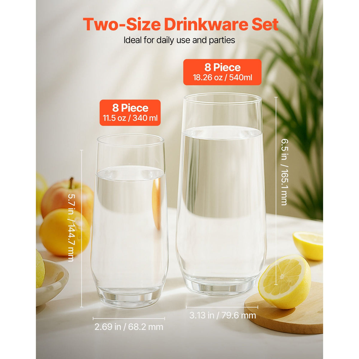 Drinking Glasses Set, 16-Piece Crystal Glass Cups, Elegant Mixed Glassware Set, with 8 Pcs 18.26 Oz Highball and 8 Pcs 11.5 Oz Cocktail Drinkware for Kitchen, Beer, Smoothie, Juice, Soda, Wine