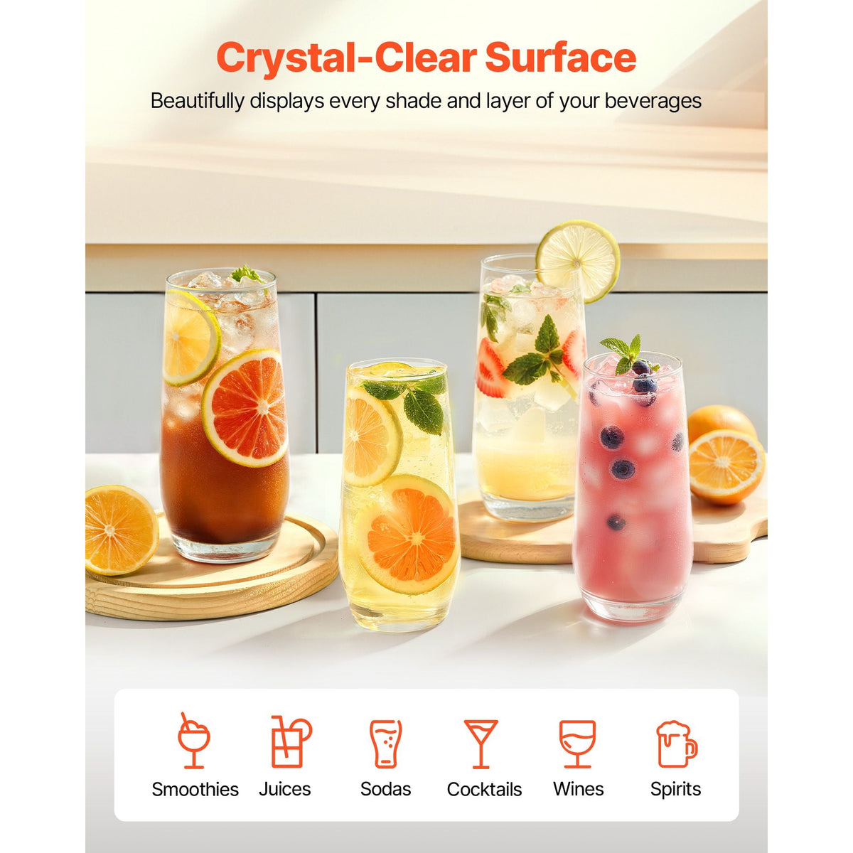Drinking Glasses Set, 16-Piece Crystal Glass Cups, Elegant Mixed Glassware Set, with 8 Pcs 18.26 Oz Highball and 8 Pcs 11.5 Oz Cocktail Drinkware for Kitchen, Beer, Smoothie, Juice, Soda, Wine
