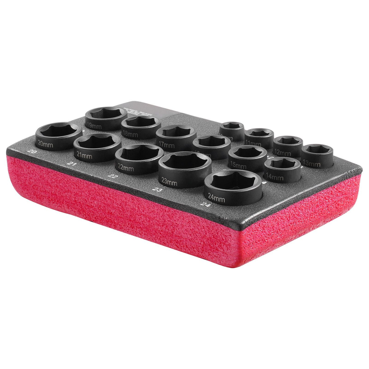 Drive Impact Socket Set 3/8" - 15 Piece Ultra-Short Socket Set Metric 10-24mm - 6 Point Cr-Mo Alloy Steel for Auto Repair - Easy-to-Read Size Markings - Rugged Construction Socket Organizer