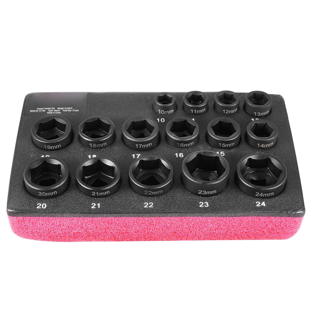 Drive Impact Socket Set 3/8" - 15 Piece Ultra-Short Socket Set Metric 10-24mm - 6 Point Cr-Mo Alloy Steel for Auto Repair - Easy-to-Read Size Markings - Rugged Construction Socket Organizer