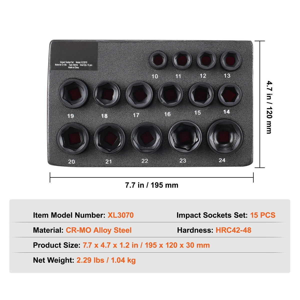 Drive Impact Socket Set 3/8" - 15 Piece Ultra-Short Socket Set Metric 10-24mm - 6 Point Cr-Mo Alloy Steel for Auto Repair - Easy-to-Read Size Markings - Rugged Construction Socket Organizer