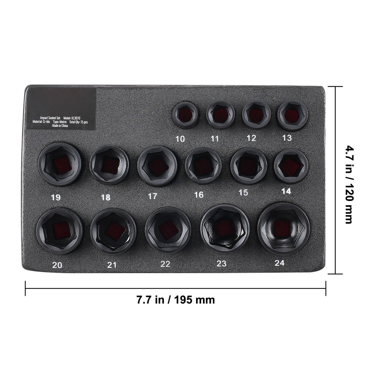 Drive Impact Socket Set 3/8" - 15 Piece Ultra-Short Socket Set Metric 10-24mm - 6 Point Cr-Mo Alloy Steel for Auto Repair - Easy-to-Read Size Markings - Rugged Construction Socket Organizer