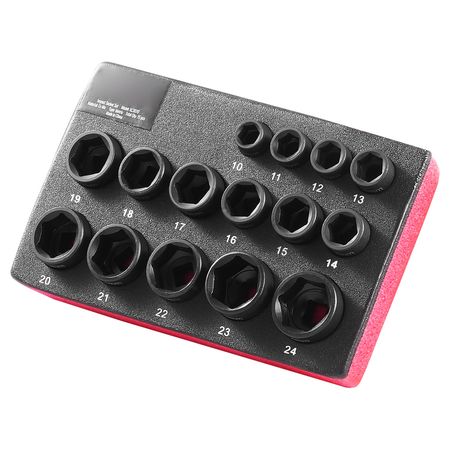 Drive Impact Socket Set 3/8" - 15 Piece Ultra-Short Socket Set Metric 10-24mm - 6 Point Cr-Mo Alloy Steel for Auto Repair - Easy-to-Read Size Markings - Rugged Construction Socket Organizer