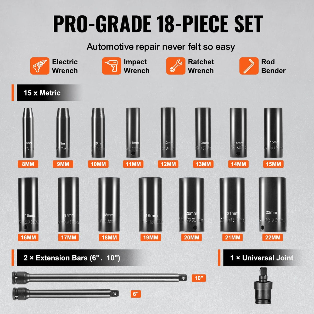 Drive Impact Socket Set 3/8" - 18 Piece Deep Socket Set Metric 8-22mm - 6 Point CR-V Alloy Steel for Auto Repair - Easy-to-Read Size Markings - Rugged Construction Includes Storage Case